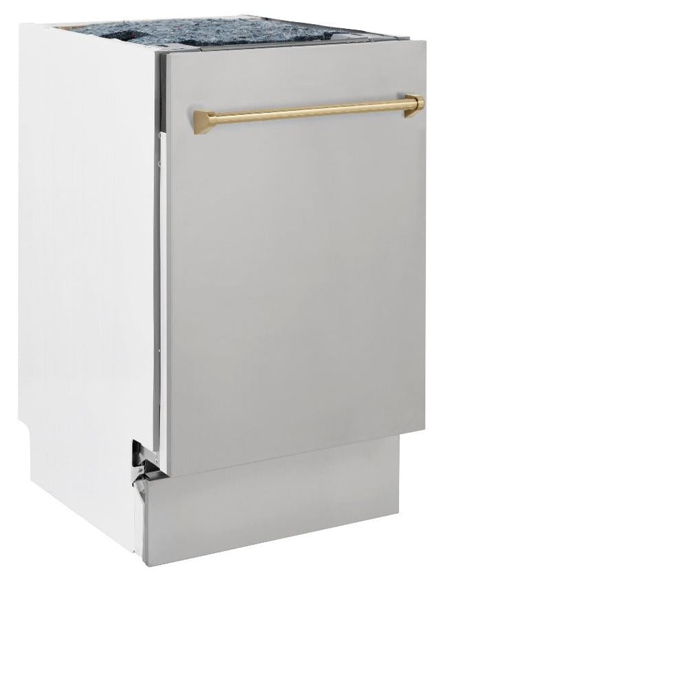 ZLINE Autograph Edition 18 in. Tallac Series 3rd Rack Top Control Built-In Dishwasher in Stainless Steel with Champagne Bronze Handle, 51dBa (DWVZ-304-18-CB) front, closed.