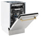 ZLINE Autograph Edition 18 in. Tallac Series 3rd Rack Top Control Built-In Dishwasher in Stainless Steel with Champagne Bronze Handle, 51dBa (DWVZ-304-18-CB) side, half open.