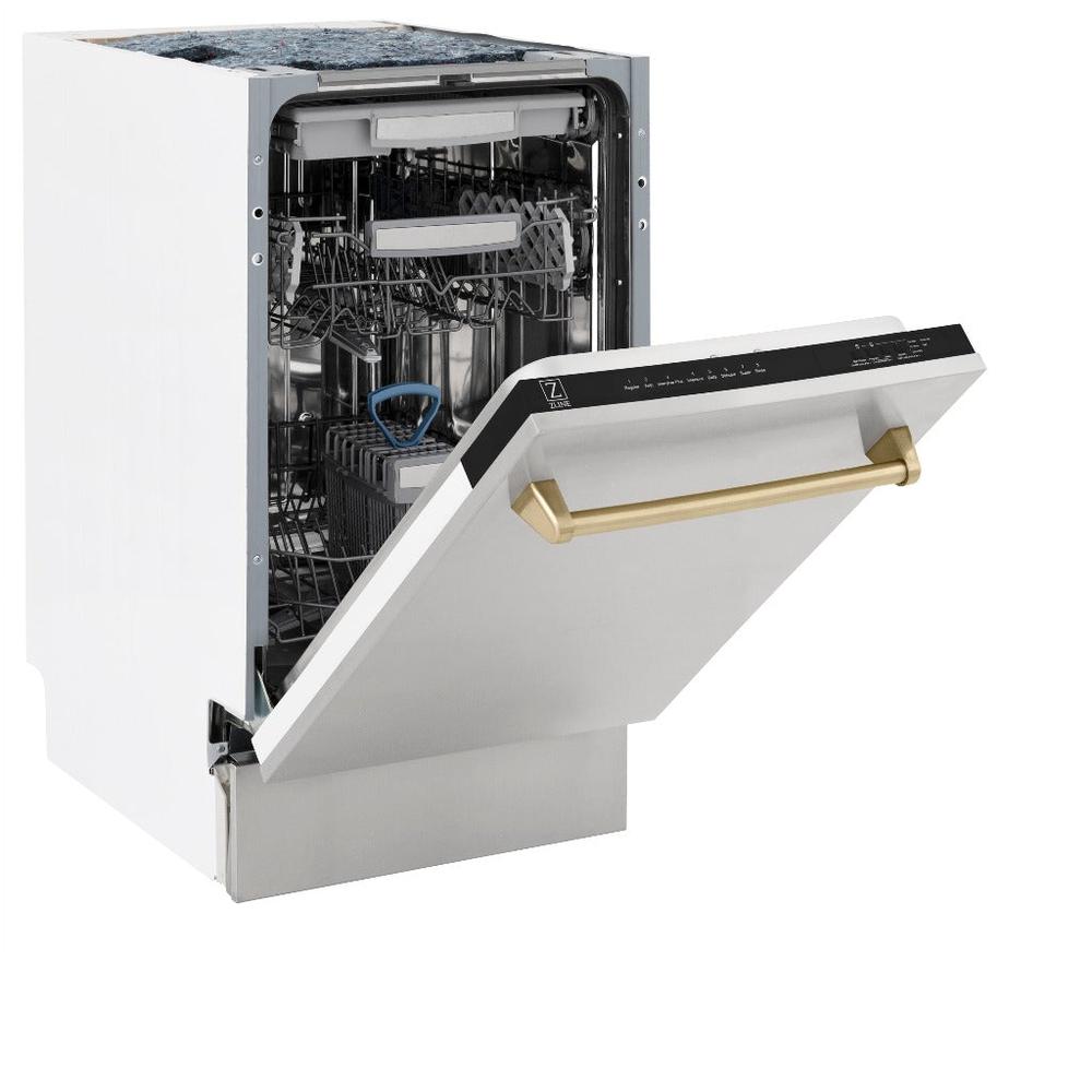 ZLINE Autograph Edition 18 in. Tallac Series 3rd Rack Top Control Built-In Dishwasher in Stainless Steel with Champagne Bronze Handle, 51dBa (DWVZ-304-18-CB) side, half open.