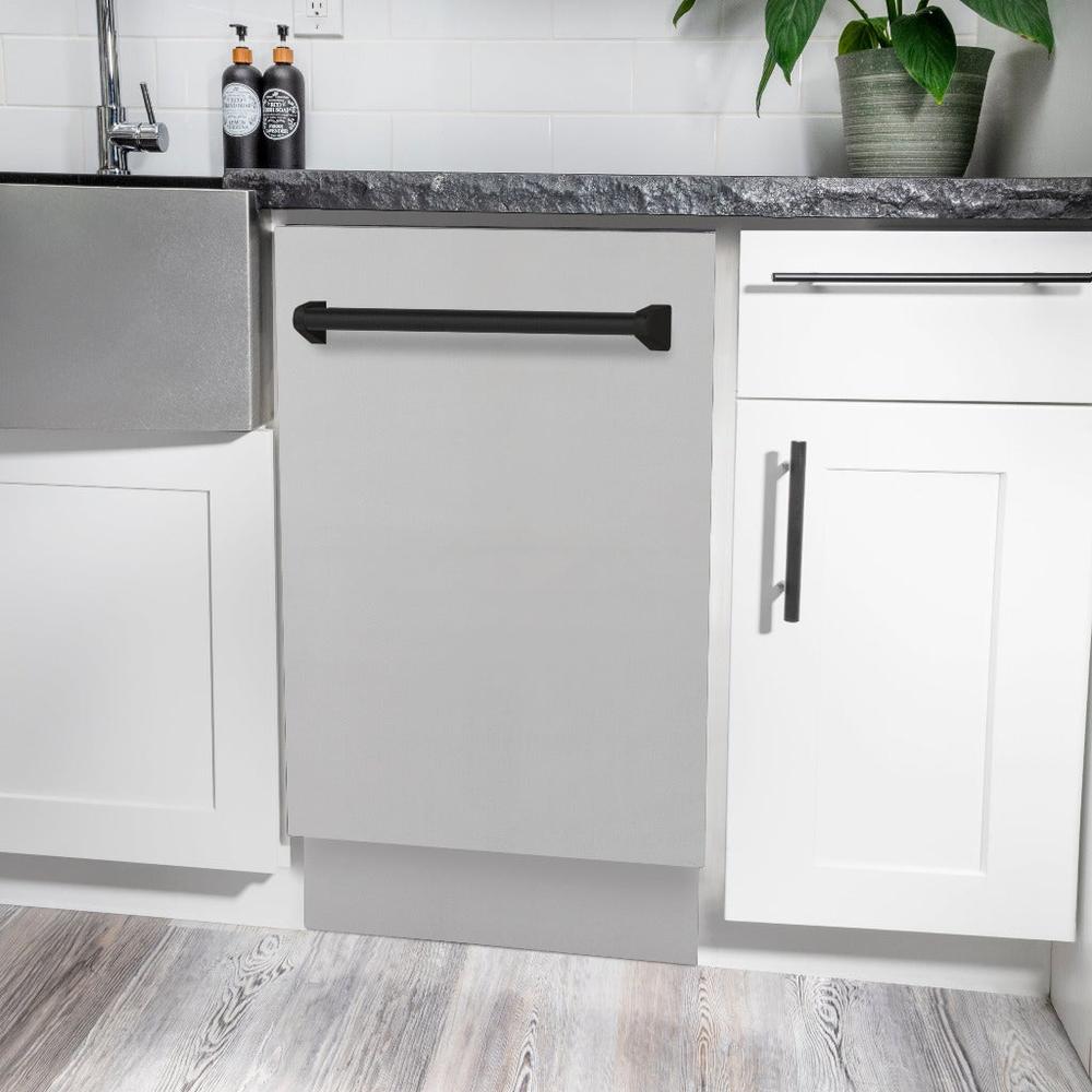 ZLINE Autograph Edition 18 in. Tallac Series 3rd Rack Top Control Built-In Dishwasher in Stainless Steel with Matte Black Handle, 51dBa (DWVZ-304-18-MB) built-in to white cabinets with granite countertops in a luxury kitchen.