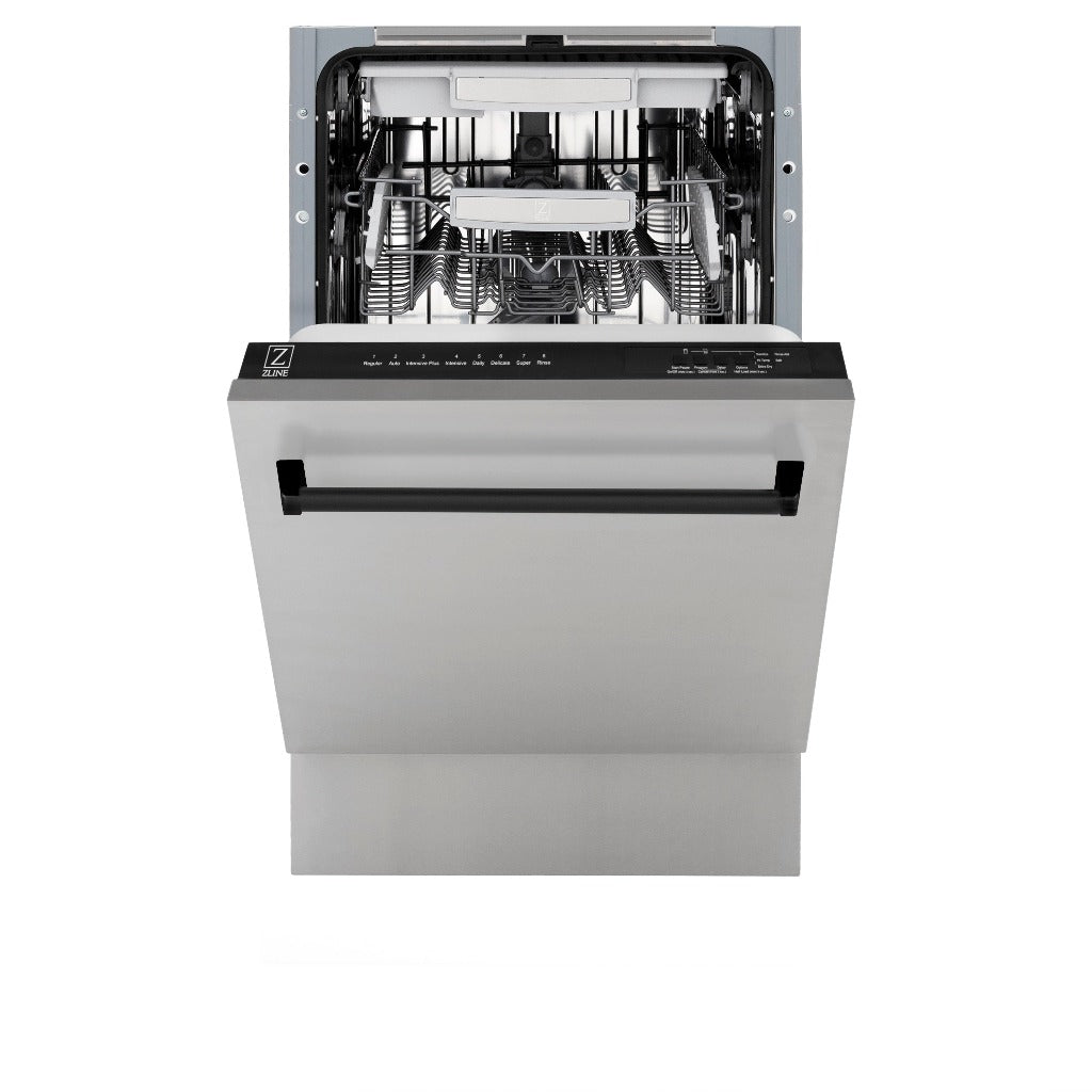 ZLINE Autograph Edition 18 in. Tallac Series 3rd Rack Top Control Built-In Dishwasher in Stainless Steel with Matte Black Handle, 51dBa (DWVZ-304-18-MB) front, half open.