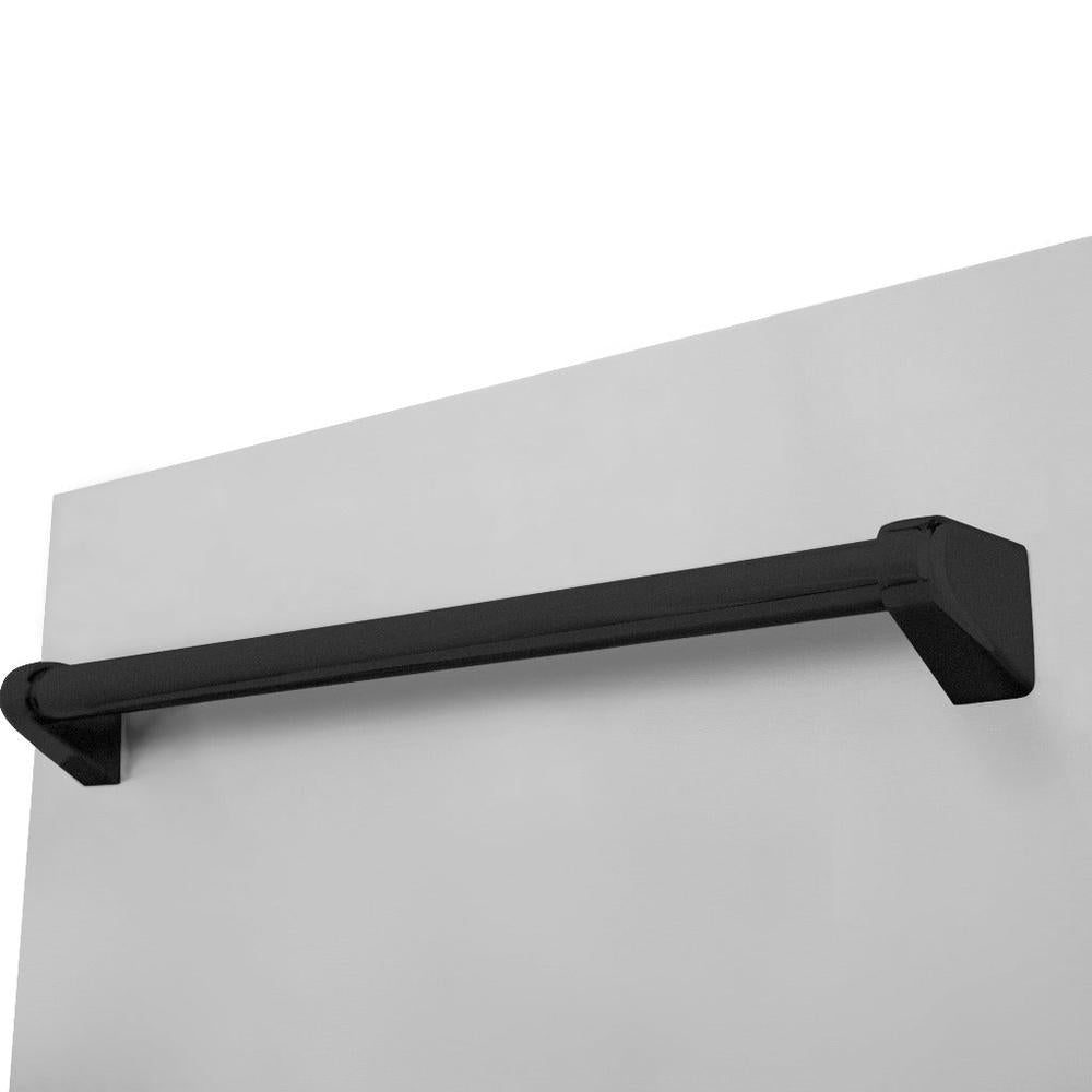 ZLINE Autograph Edition 18 in. Tallac Series 3rd Rack Top Control Built-In Dishwasher in Stainless Steel with Matte Black Handle, 51dBa (DWVZ-304-18-MB) close-up, Matte Black Autograph Edition handle on panel.
