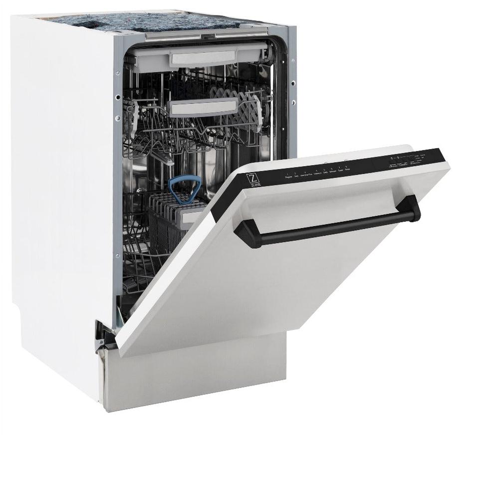 ZLINE Autograph Edition 18 in. Tallac Series 3rd Rack Top Control Built-In Dishwasher in Stainless Steel with Matte Black Handle, 51dBa (DWVZ-304-18-MB) side, half open.