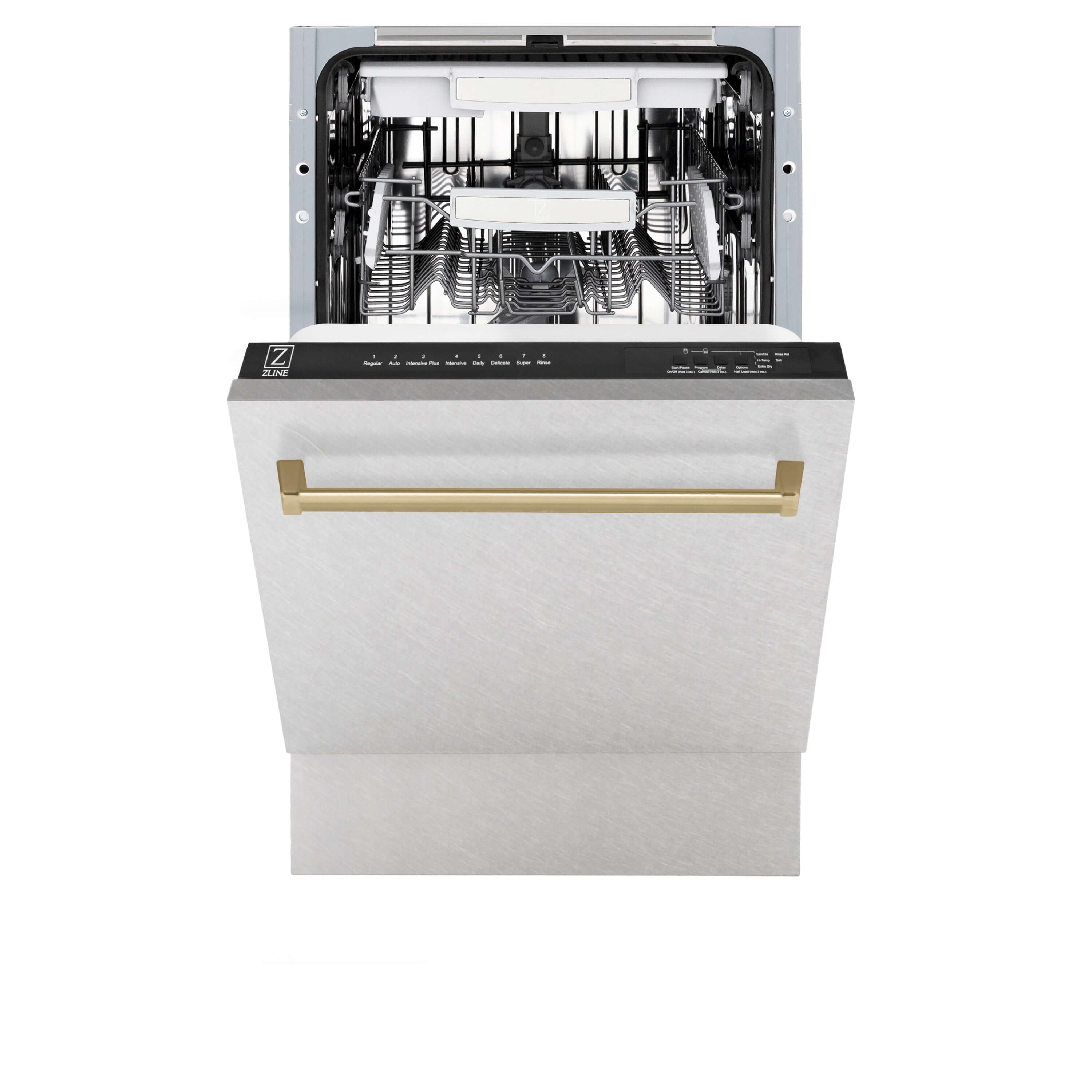 ZLINE Autograph Edition 18 in. Tallac Series 3rd Rack Top Control Built-In Dishwasher in Fingerprint Resistant Stainless Steel with Champagne Bronze Handle, 51dBa (DWVZ-SN-18-CB) front, half open.