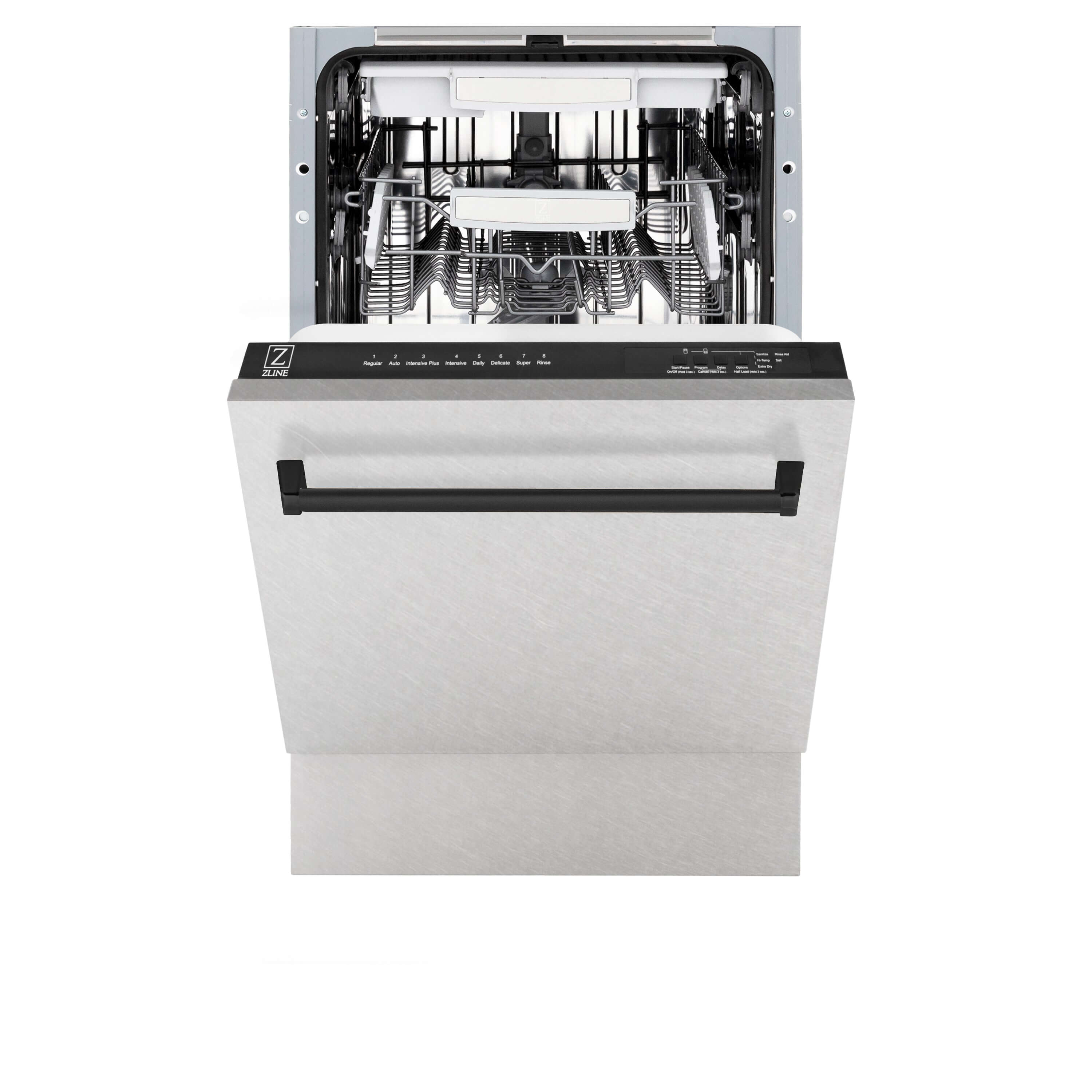 ZLINE Autograph Edition 18 in. Tallac Series 3rd Rack Top Control Built-In Dishwasher in Fingerprint Resistant Stainless Steel with Matte Black Handle, 51dBa (DWVZ-SN-18-MB) front, half open.