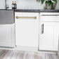 ZLINE Autograph Edition 18 in. Tallac Series 3rd Rack Top Control Built-In Dishwasher in White Matte with Champagne Bronze Handle, 51dBa (DWVZ-WM-18-CB) built-in to white cabinets with granite countertops in a luxury kitchen.