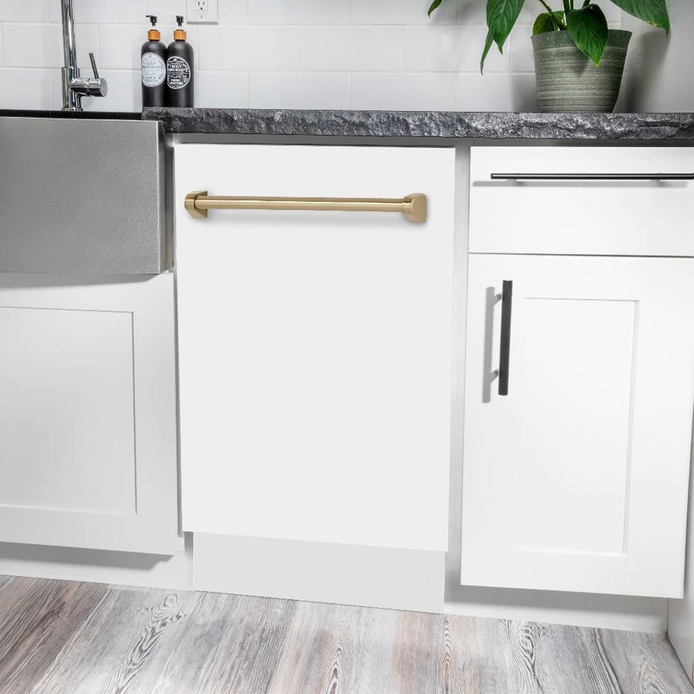ZLINE Autograph Edition 18 in. Tallac Series 3rd Rack Top Control Built-In Dishwasher in White Matte with Champagne Bronze Handle, 51dBa (DWVZ-WM-18-CB) built-in to white cabinets with granite countertops in a luxury kitchen.