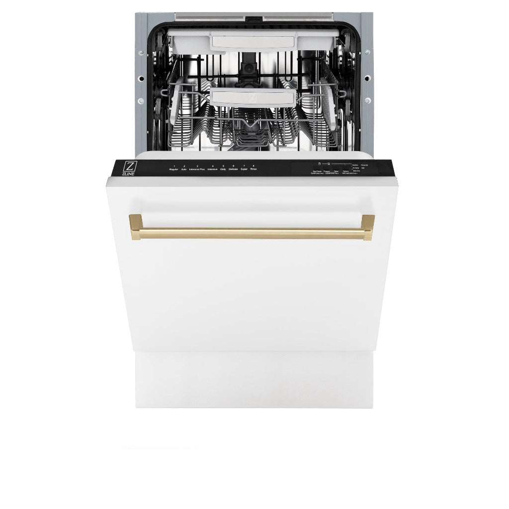 ZLINE Autograph Edition 18 in. Tallac Series 3rd Rack Top Control Built-In Dishwasher in White Matte with Champagne Bronze Handle, 51dBa (DWVZ-WM-18-CB) front, half open.