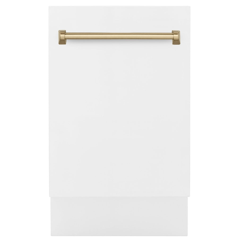 ZLINE Autograph Edition 18 in. Tallac Series 3rd Rack Top Control Built-In Dishwasher in White Matte with Champagne Bronze Handle, 51dBa (DWVZ-WM-18-CB)