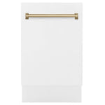 ZLINE Autograph Edition 18 in. Tallac Series 3rd Rack Top Control Built-In Dishwasher in White Matte with Champagne Bronze Handle, 51dBa (DWVZ-WM-18-CB) front, closed.