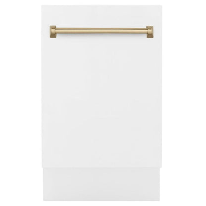 ZLINE Autograph Edition 18 in. Tallac Series 3rd Rack Top Control Built-In Dishwasher in White Matte with Champagne Bronze Handle, 51dBa (DWVZ-WM-18-CB) front, closed.