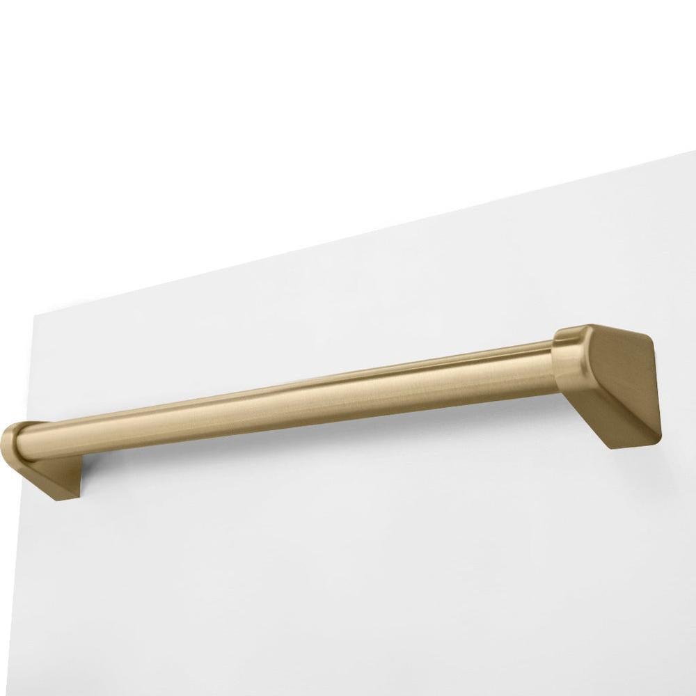 ZLINE Autograph Edition 18 in. Tallac Series 3rd Rack Top Control Built-In Dishwasher in White Matte with Champagne Bronze Handle, 51dBa (DWVZ-WM-18-CB) close-up, Champagne Bronze Autograph Edition handle on panel.