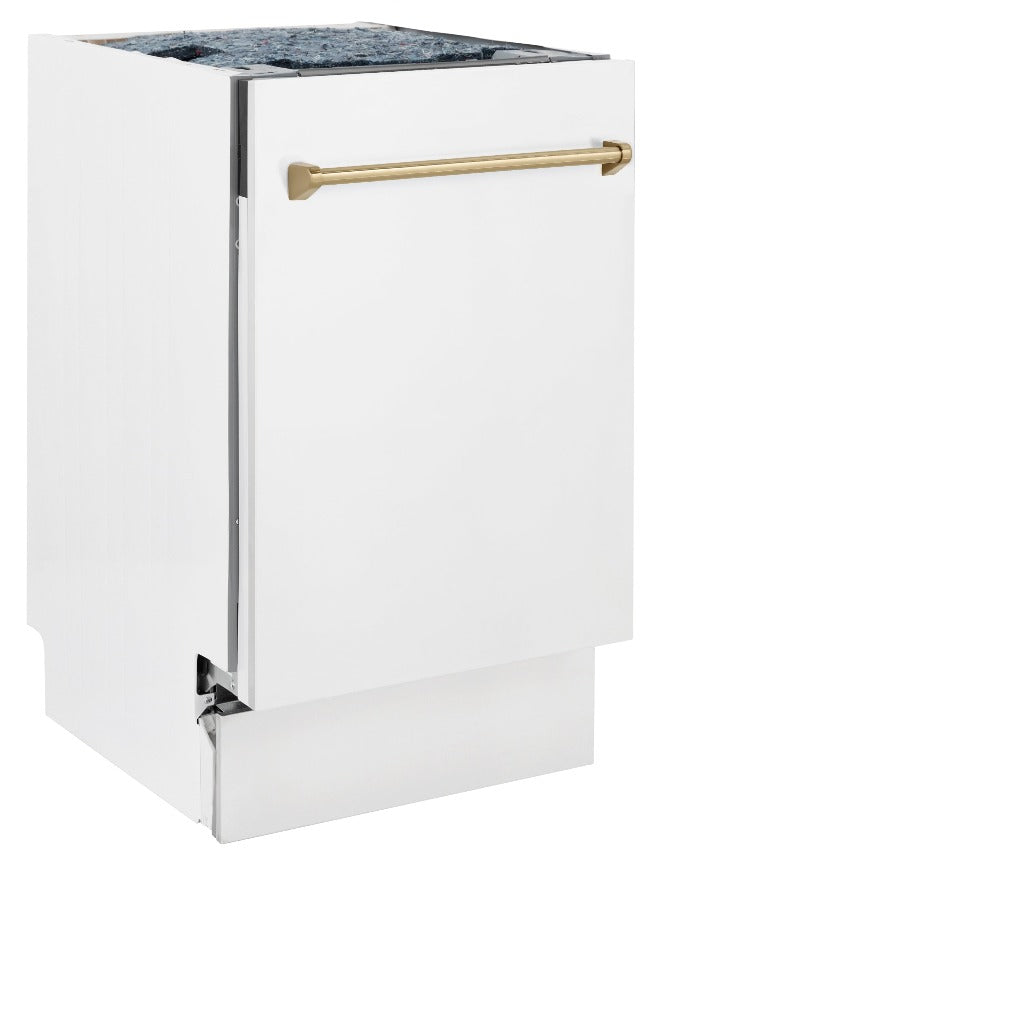 ZLINE Autograph Edition 18 in. Tallac Series 3rd Rack Top Control Built-In Dishwasher in White Matte with Champagne Bronze Handle, 51dBa (DWVZ-WM-18-CB) front, closed.