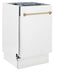 ZLINE Autograph Edition 18 in. Tallac Series 3rd Rack Top Control Built-In Dishwasher in White Matte with Champagne Bronze Handle, 51dBa (DWVZ-WM-18-CB) front, closed.