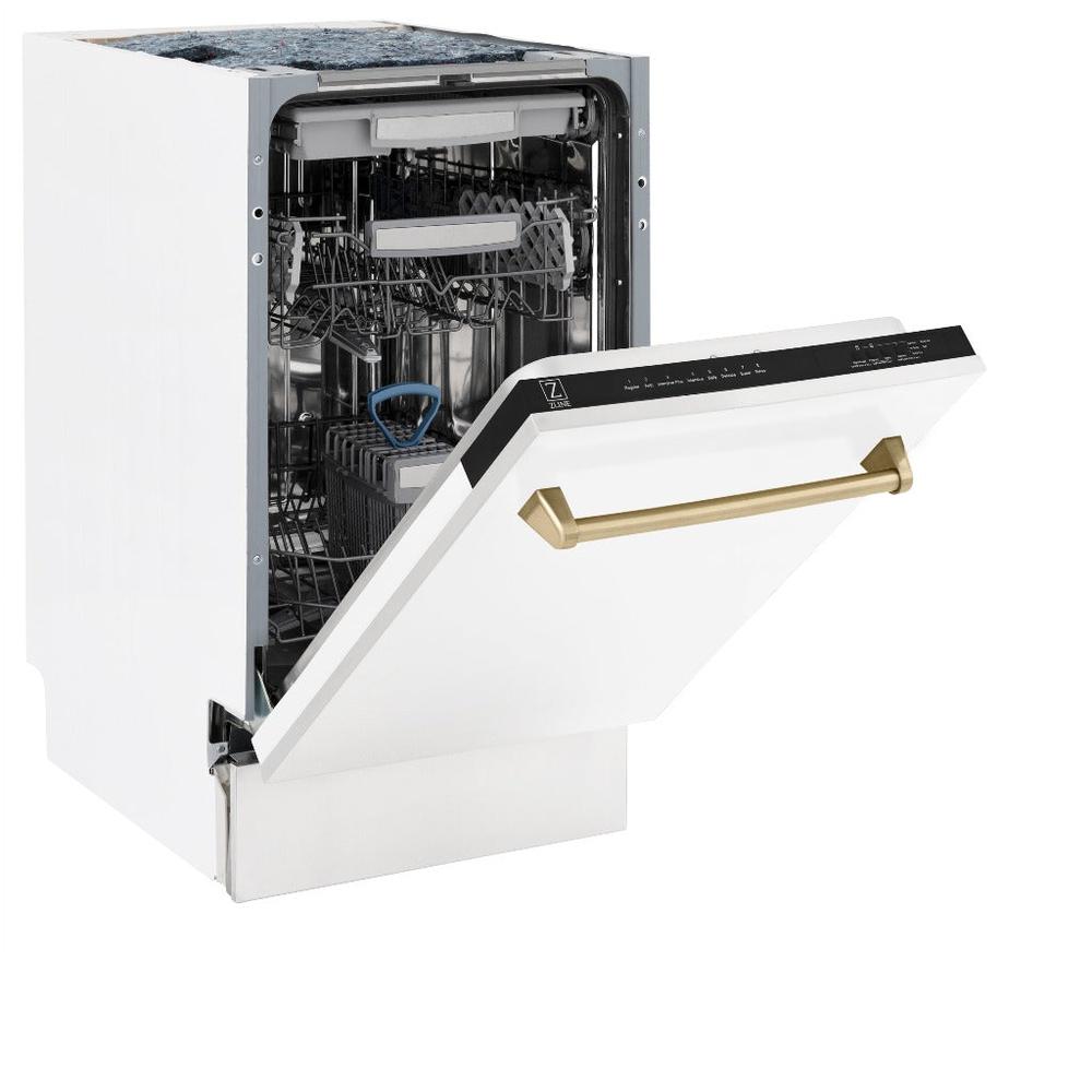 ZLINE Autograph Edition 18 in. Tallac Series 3rd Rack Top Control Built-In Dishwasher in White Matte with Champagne Bronze Handle, 51dBa (DWVZ-WM-18-CB) side, half open.