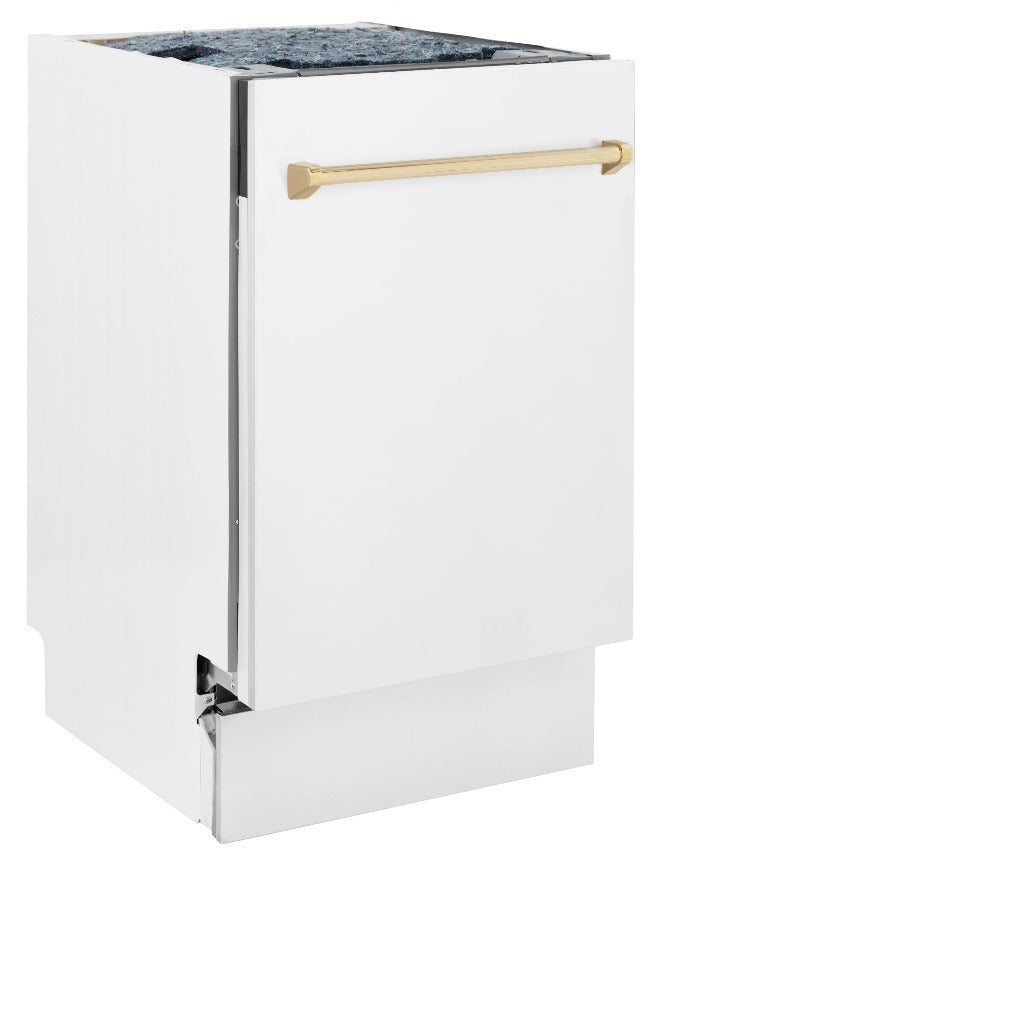 ZLINE Autograph Edition 18 in. Tallac Series 3rd Rack Top Control Built-In Dishwasher in White Matte with Polished Gold Handle, 51dBa (DWVZ-WM-18-G) front, closed.