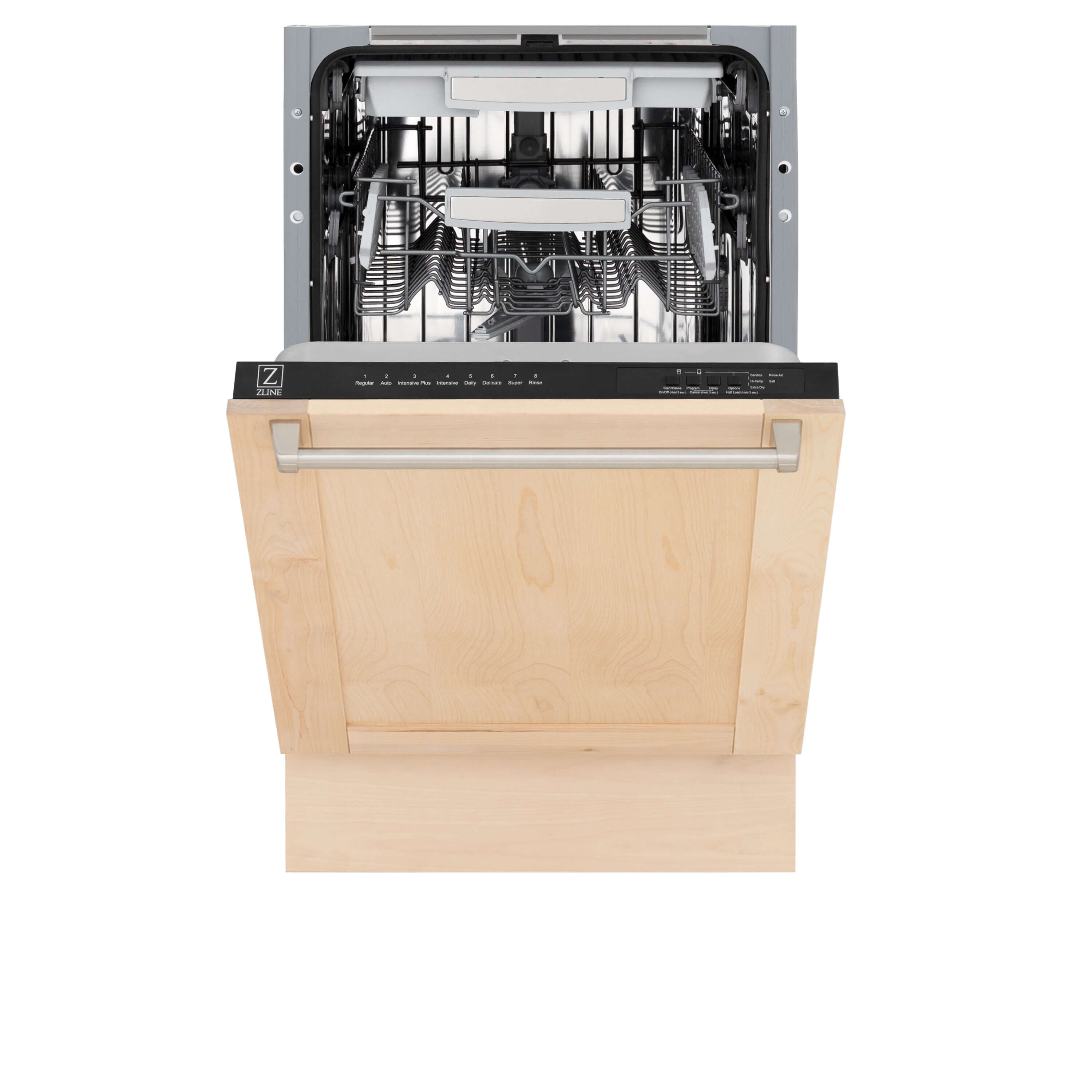 ZLINE 18 in. Tallac Series 3rd Rack Top Control Built-In Dishwasher in Unfinished Wood and Traditional Handle, 51dBa (DWV-UF-18) front, half open.