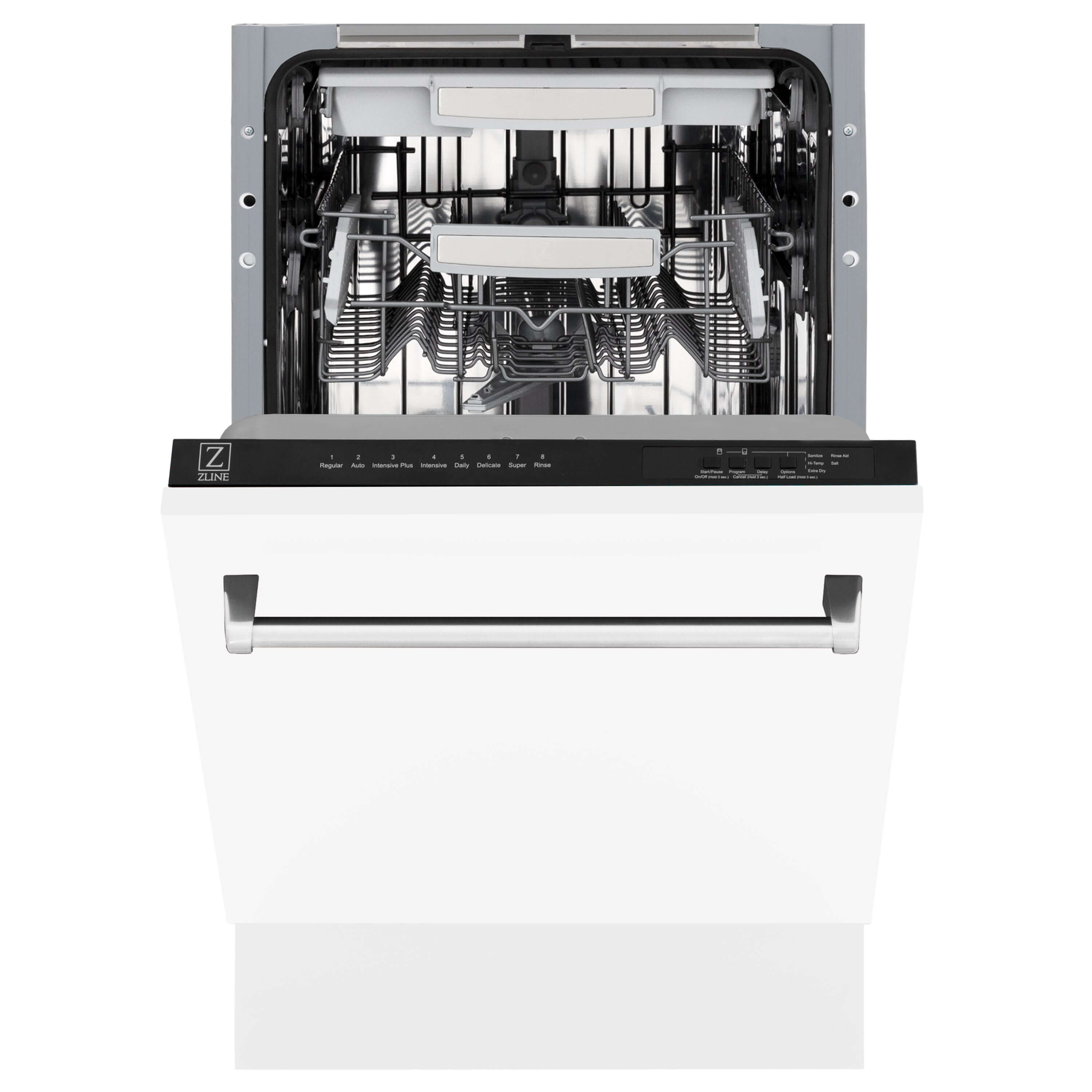 ZLINE 18 in. Tallac Series 3rd Rack Top Control Built-In Dishwasher in White Matte with Stainless Steel Tub, 51dBa (DWV-WM-18) front, half open.