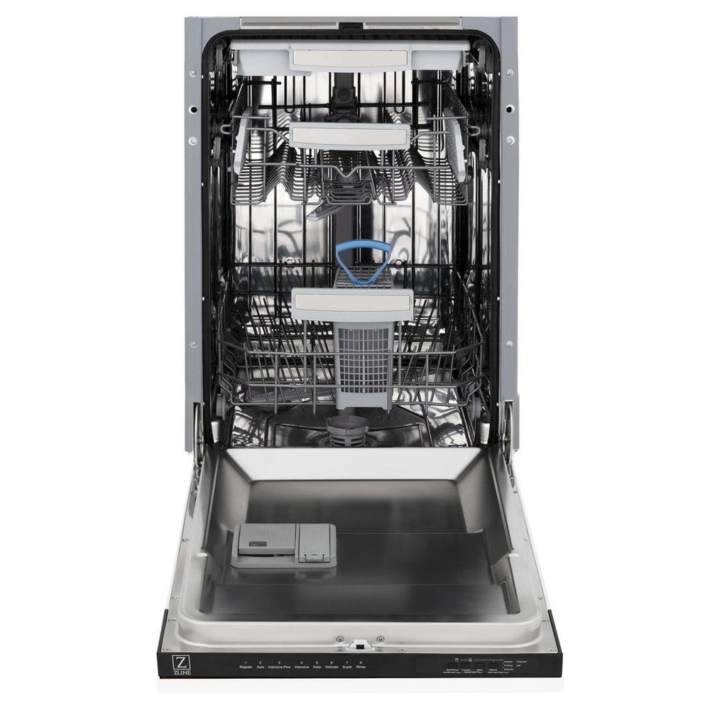 ZLINE 18 in. Tallac Series 3rd Rack Top Control Built-In Dishwasher in White Matte with Stainless Steel Tub, 51dBa (DWV-WM-18) front, open.
