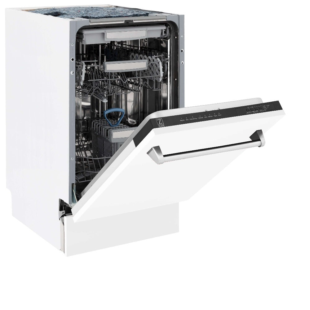 ZLINE 18 in. Tallac Series 3rd Rack Top Control Built-In Dishwasher in White Matte with Stainless Steel Tub, 51dBa (DWV-WM-18) side, half open.