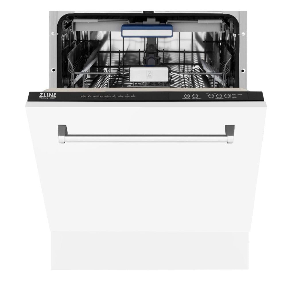 ZLINE 24 in. Tallac Series 3rd Rack Tall Tub Dishwasher in White Matte with Stainless Steel Tub, 51dBa (DWV-WM-24) front, half open.
