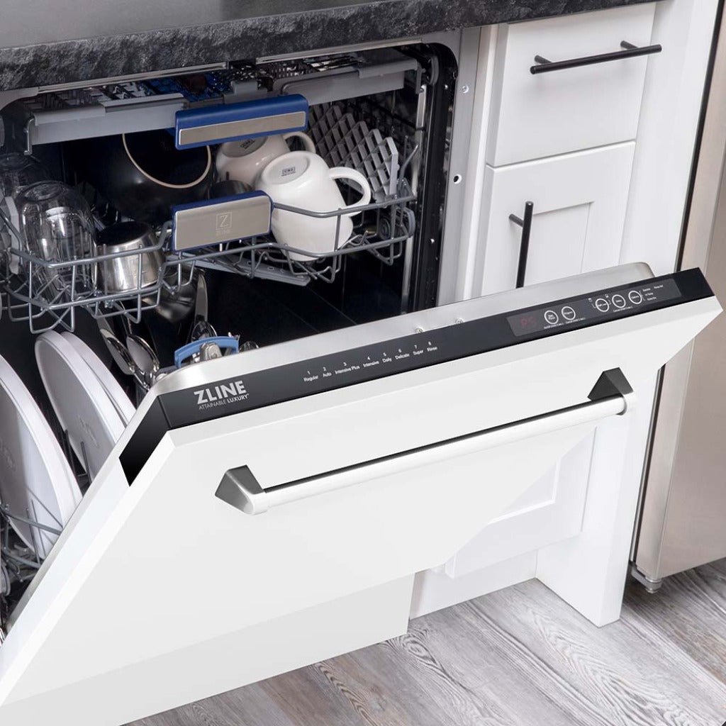 ZLINE dishwasher with white matte panel halfway open with dishes inside