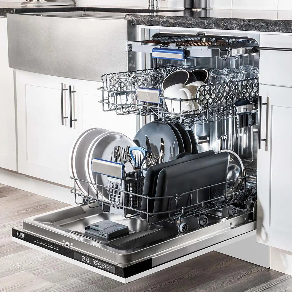 ZLINE 24 in. Tallac Series 3rd Rack Tall Tub Dishwasher in White Matte with Stainless Steel Tub, 51dBa (DWV-WM-24) open with dishes loaded inside in a luxury kitchen, side.