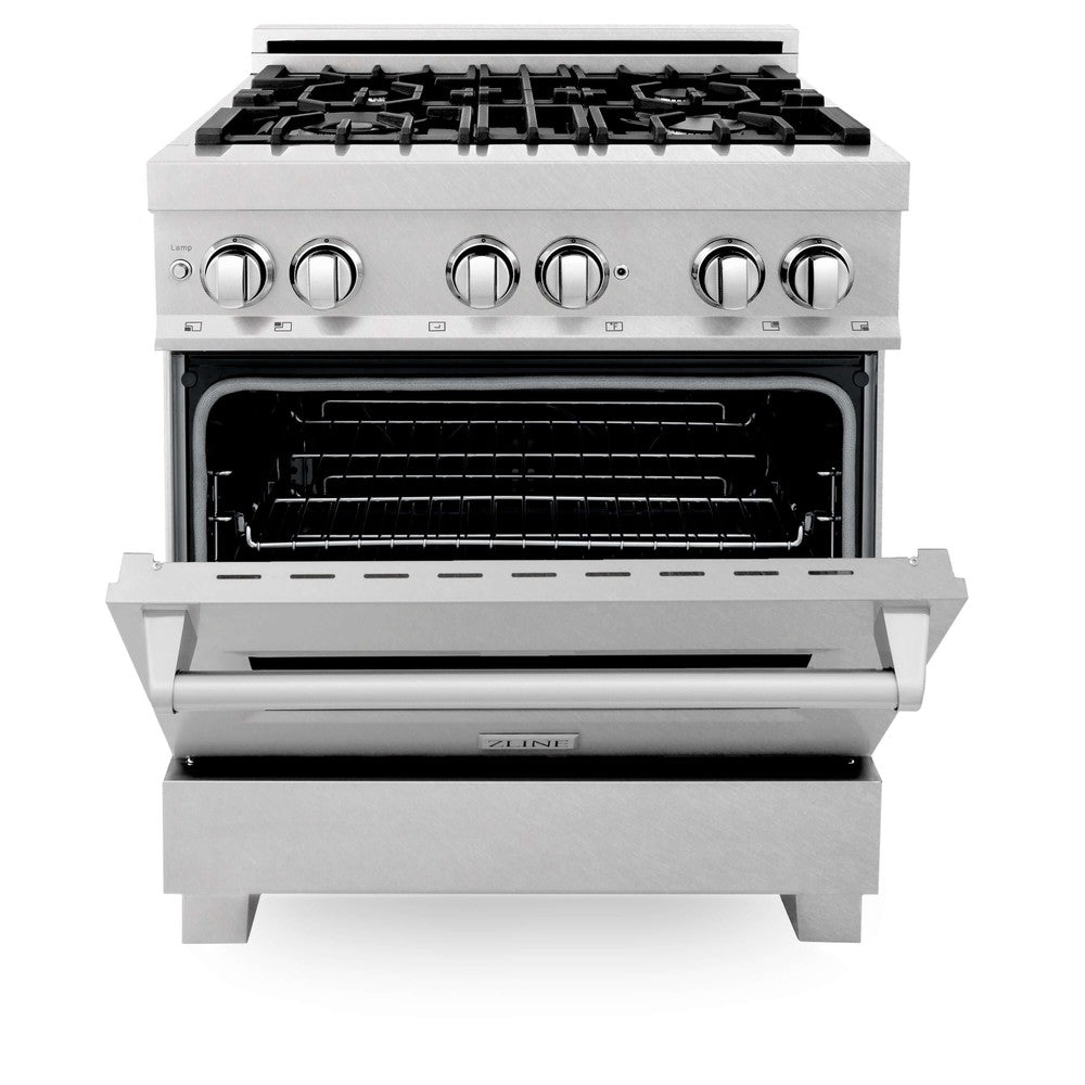 ZLINE 30 in. Kitchen Package with DuraSnow Stainless Steel Dual Fuel Range and Convertible Vent Range Hood (2KP-RASSNRH30)
