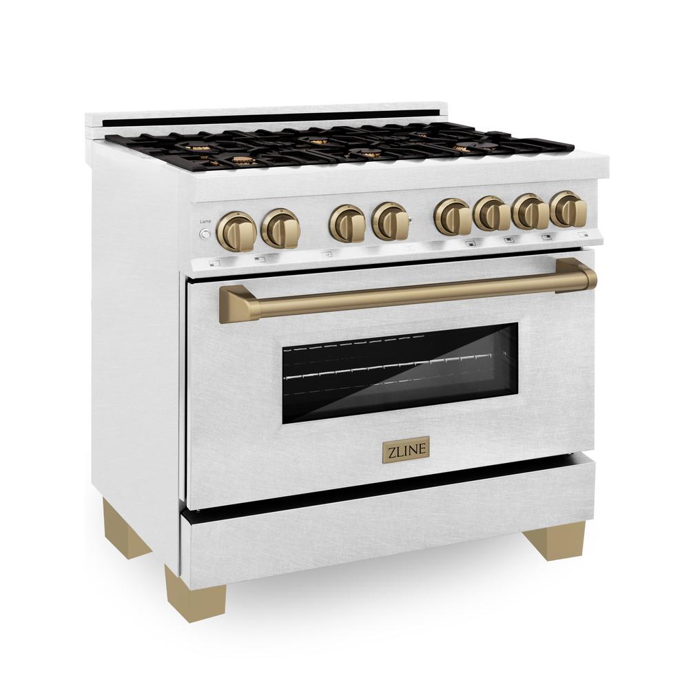 ZLINE Autograph Edition 36 in. 4.6 cu. ft. Legacy Dual Fuel Range with 6 Burner Gas Cooktop and Electric Convection Oven in Satin Stainless Steel and Champagne Bronze Accents, Open Box-Great Condition main image.