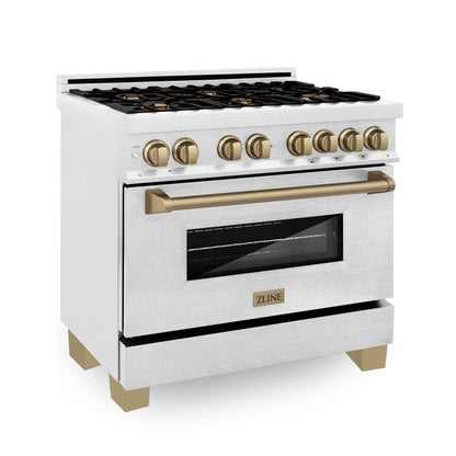 ZLINE Autograph Edition 36 in. 4.6 cu. ft. Legacy Dual Fuel Range with 6 Burner Gas Cooktop and Electric Convection Oven in Satin Stainless Steel and Champagne Bronze Accents, Open Box-Great Condition