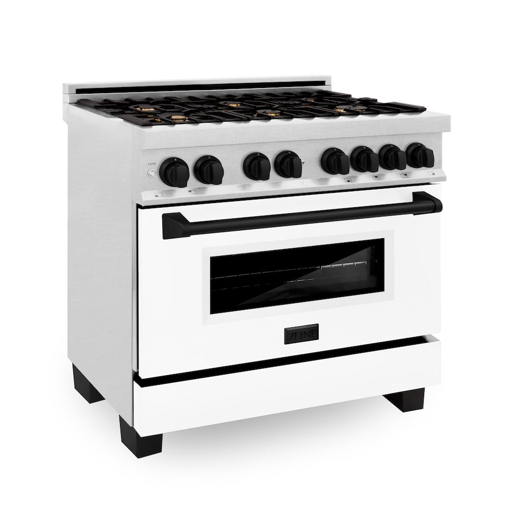 ZLINE Autograph Edition 36 in. 4.6 cu. ft. Legacy Dual Fuel Range with 6 Burner Gas Cooktop and Electric Convection Oven in Satin Stainless Steel with White Matte Door and Matte Black Accents, Open Box-Great Condition main image.
