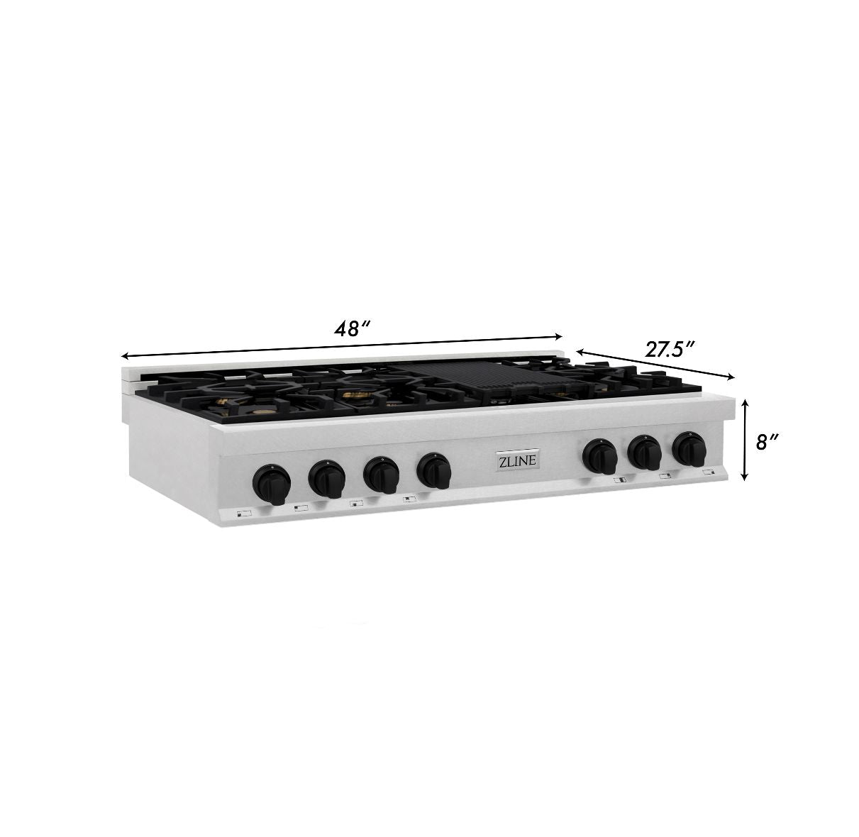 ZLINE Autograph Edition 48 in. Porcelain Rangetop with 7 Gas Burners in DuraSnow Stainless Steel and Matte Black Accents (RTSZ-48-MB) dimensional diagram with measurements.
