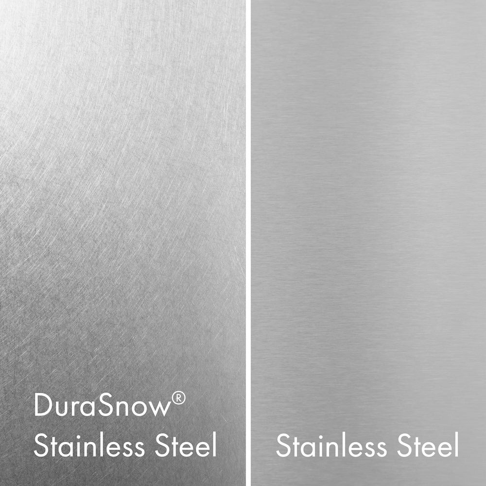 ZLINE's exclusive fingerprint-resistant DuraSnow® Stainless Steel (left) compared with standard stainless steel (right).