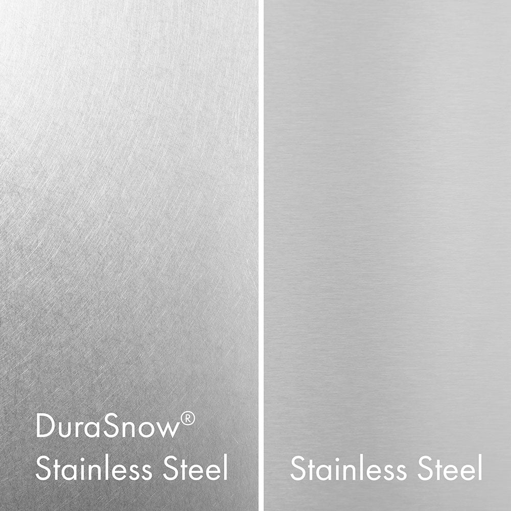ZLINE DuraSnow Stainless Steel Compared to Standard Stainless Steel. DuraSnow Stainless Steel is Fingerprint and Scratch Resistant.