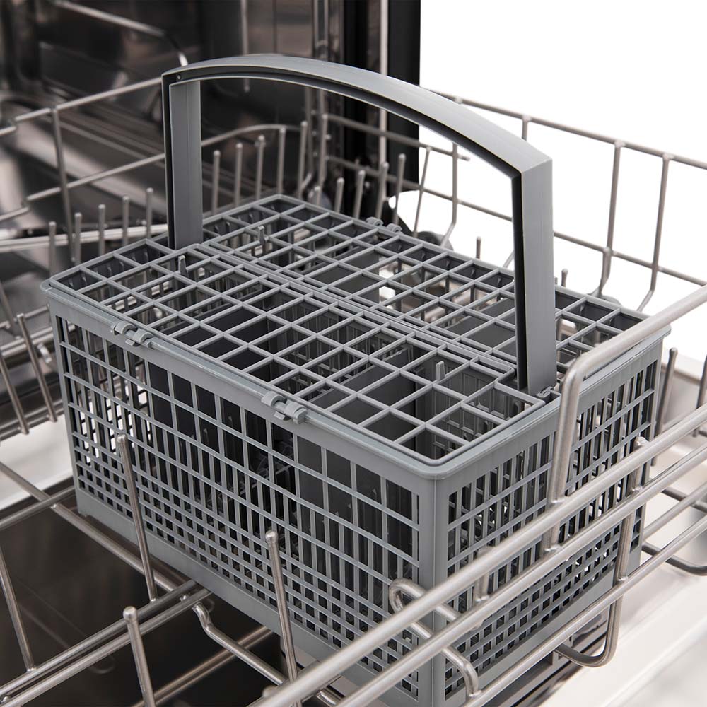 Utensil holder on bottom rack of ZLINE dishwasher.