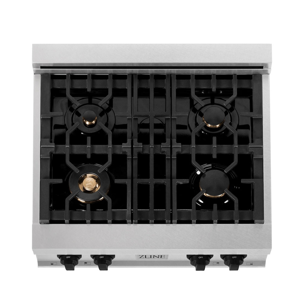 ZLINE Autograph Edition 30 in. Porcelain Rangetop with 4 Gas Burners in DuraSnow® Stainless Steel with Matte Black Accents (RTSZ-30-MB) from above, showing burners and cast-iron grates on cooktop.