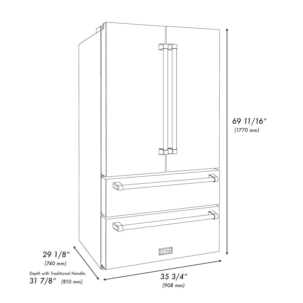 ZLINE 36 in. Freestanding French Door Refrigerator with Ice Maker in Black Stainless Steel (RFM-36-BS) dimensional diagram with measurements.