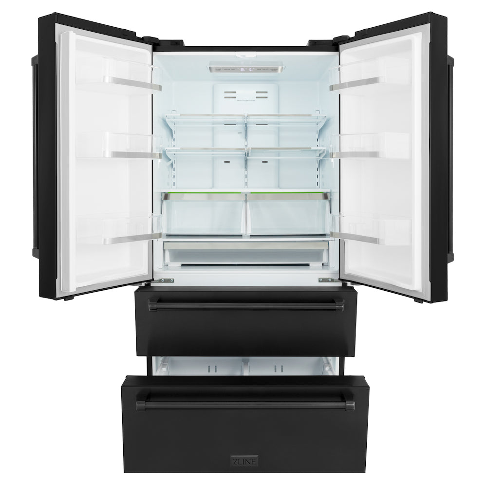 ZLINE 36 in. Black Stainless Steel French Door Refrigerator front with doors and bottom freezer drawers open and internal LED lights on.