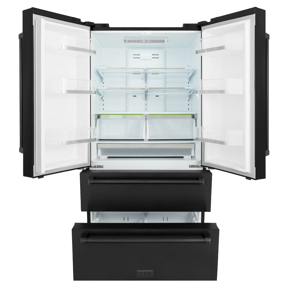 ZLINE Kitchen Package with Black Stainless Steel Refrigeration, 36 in. Dual Fuel Range, 36 in. Range Hood, Microwave Drawer, and 24 in. Tall Tub Dishwasher (5KPR-RABRH36-MWDWV)