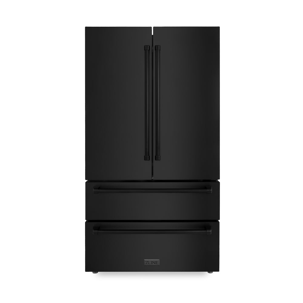 ZLINE Kitchen Package in Black Stainless Steel with 36 in. French Door Refrigerator, 48 in. Dual Fuel Range, 48 in. Range Hood, 24 in. Microwave Drawer, and 24 in. Tall Tub Dishwasher (5KPR-RABRH48-MWDWV) refrigerator front, closed.