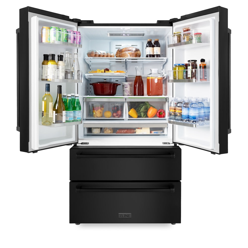 ZLINE 36 in. Freestanding French Door Refrigerator with Ice Maker in Black Stainless Steel (RFM-36-BS) front, open.