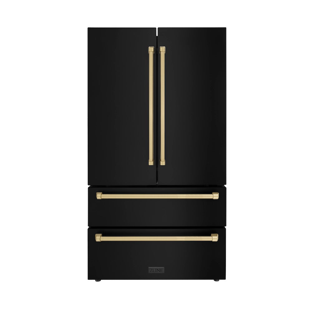 ZLINE 36 in. Autograph Edition Kitchen Package with Black Stainless Steel Dual Fuel Range, Range Hood, Dishwasher and Refrigeration with Champagne Bronze Accents (4AKPR-RABRHDWV36-CB)