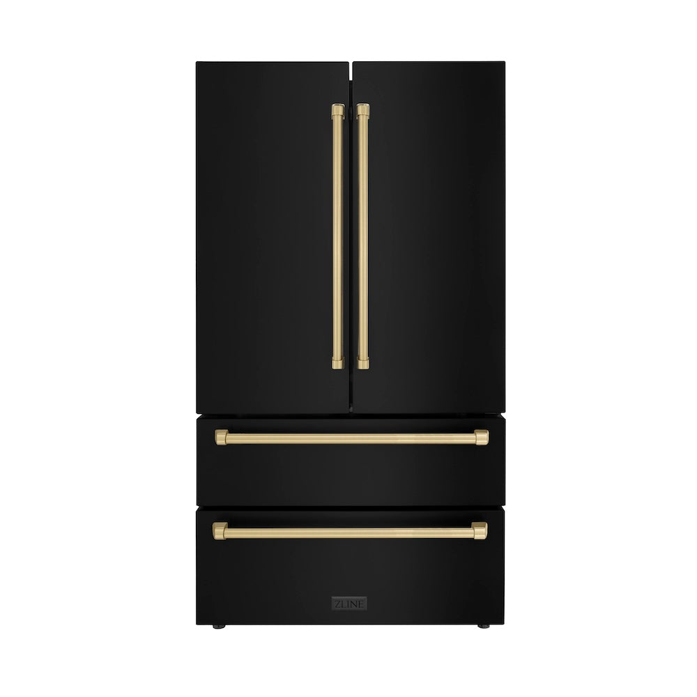 ZLINE 30 in. Autograph Edition Kitchen Package with Black Stainless Steel Dual Fuel Range, Range Hood, Dishwasher and Refrigeration with Champagne Bronze Accents (4AKPR-RABRHDWV30-CB)