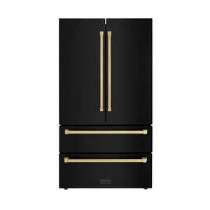 ZLINE Autograph Edition 36 in. 22.5 cu. ft. Counter-Depth French Door Refrigerator with Ice Maker in Fingerprint-Resistant Black Stainless Steel and Champagne Bronze Traditional Handles (RFMZ-36-BS-CB) main image.