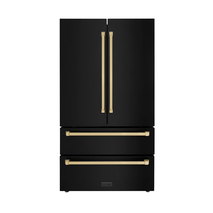 ZLINE Autograph Edition 36 in. 22.5 cu. ft. Counter-Depth French Door Refrigerator with Ice Maker in Fingerprint-Resistant Black Stainless Steel and Champagne Bronze Traditional Handles (RFMZ-36-BS-CB)