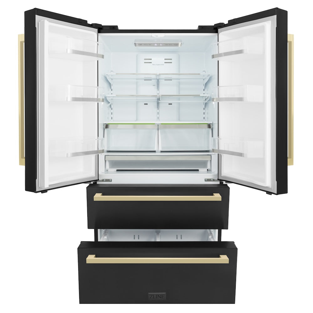 ZLINE Autograph Edition 36 in. 22.5 cu. ft 4-Door French Door Refrigerator with Ice Maker in Black Stainless Steel with Champagne Bronze Modern Handles (RFMZ-36-BS-FCB) front, refrigeration compartment and bottom freezer open.