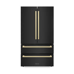 ZLINE Autograph Edition 36 in. 22.5 cu. ft 4-Door French Door Refrigerator with Ice Maker in Black Stainless Steel with Champagne Bronze Modern Handles (RFMZ-36-BS-FCB) front, closed.