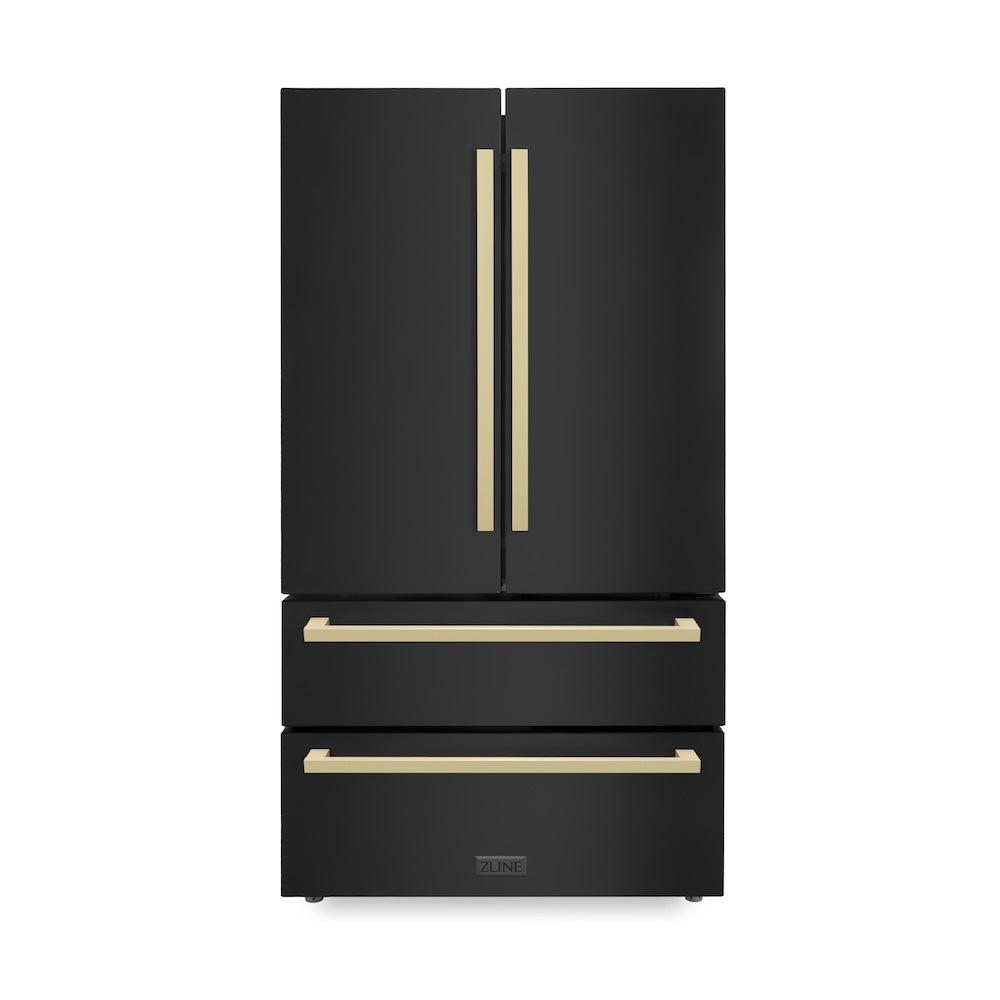 ZLINE Autograph Edition 36 in. 22.5 cu. ft 4-Door French Door Refrigerator with Ice Maker in Black Stainless Steel with Champagne Bronze Modern Handles (RFMZ-36-BS-FCB) front, closed.