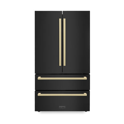 ZLINE Autograph Edition 36 in. 22.5 cu. ft 4-Door French Door Refrigerator with Ice Maker in Black Stainless Steel with Champagne Bronze Modern Handles (RFMZ-36-BS-FCB) front, closed.