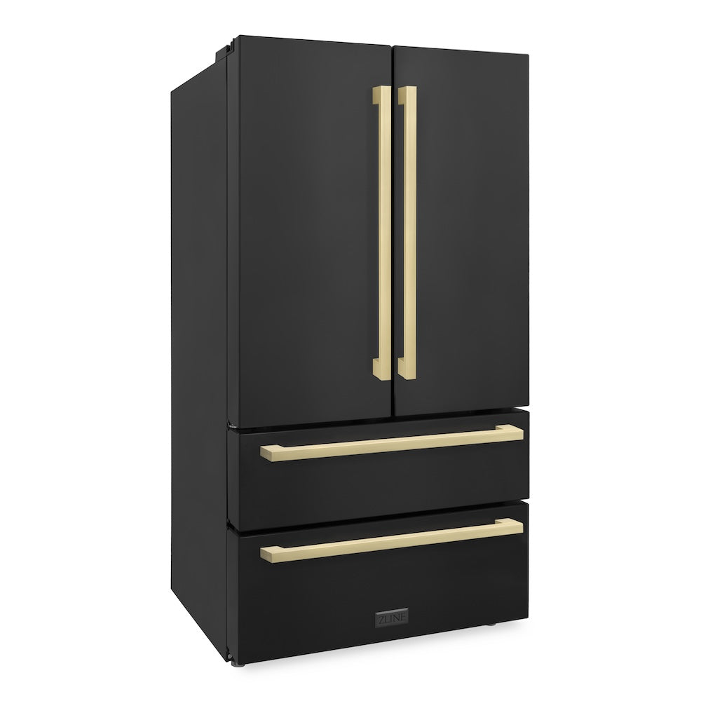 ZLINE Autograph Edition 36 in. 22.5 cu. ft 4-Door French Door Refrigerator with Ice Maker in Black Stainless Steel with Champagne Bronze Modern Handles (RFMZ-36-BS-FCB) side, closed.